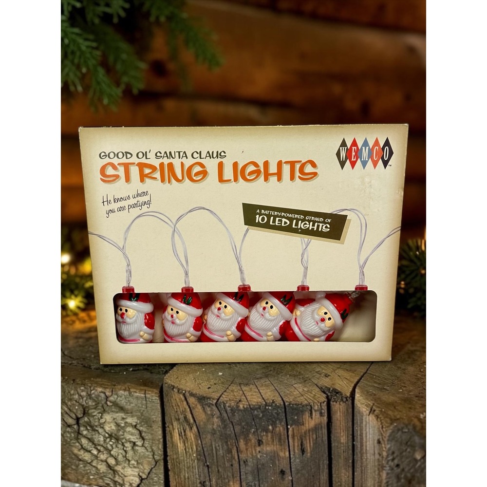 New Wemco Santa Claus String Lights Red 10 LED Battery Operated Retro Style